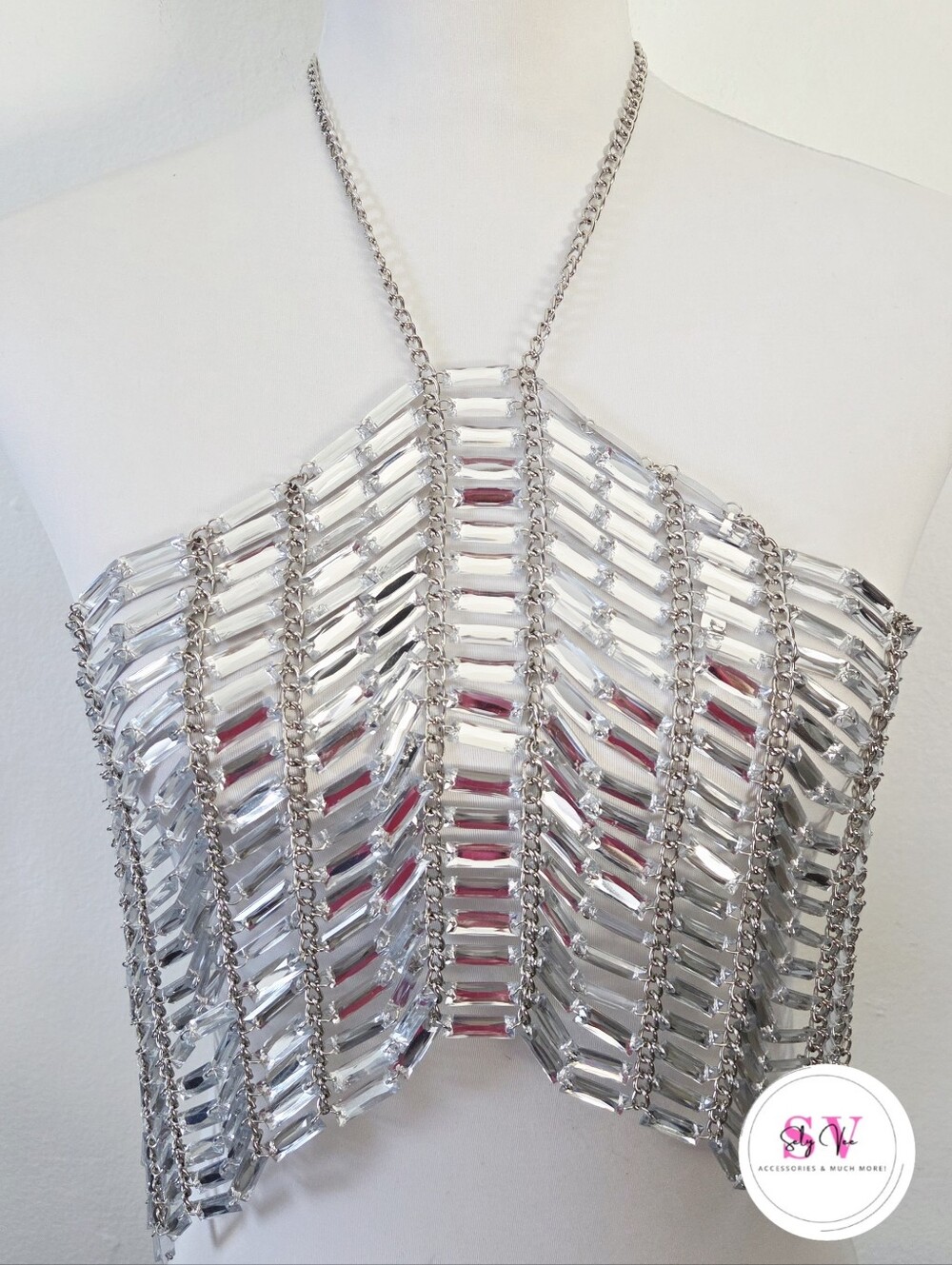 Silver Metallic Crystal-Embellished Bandeau Crop Top